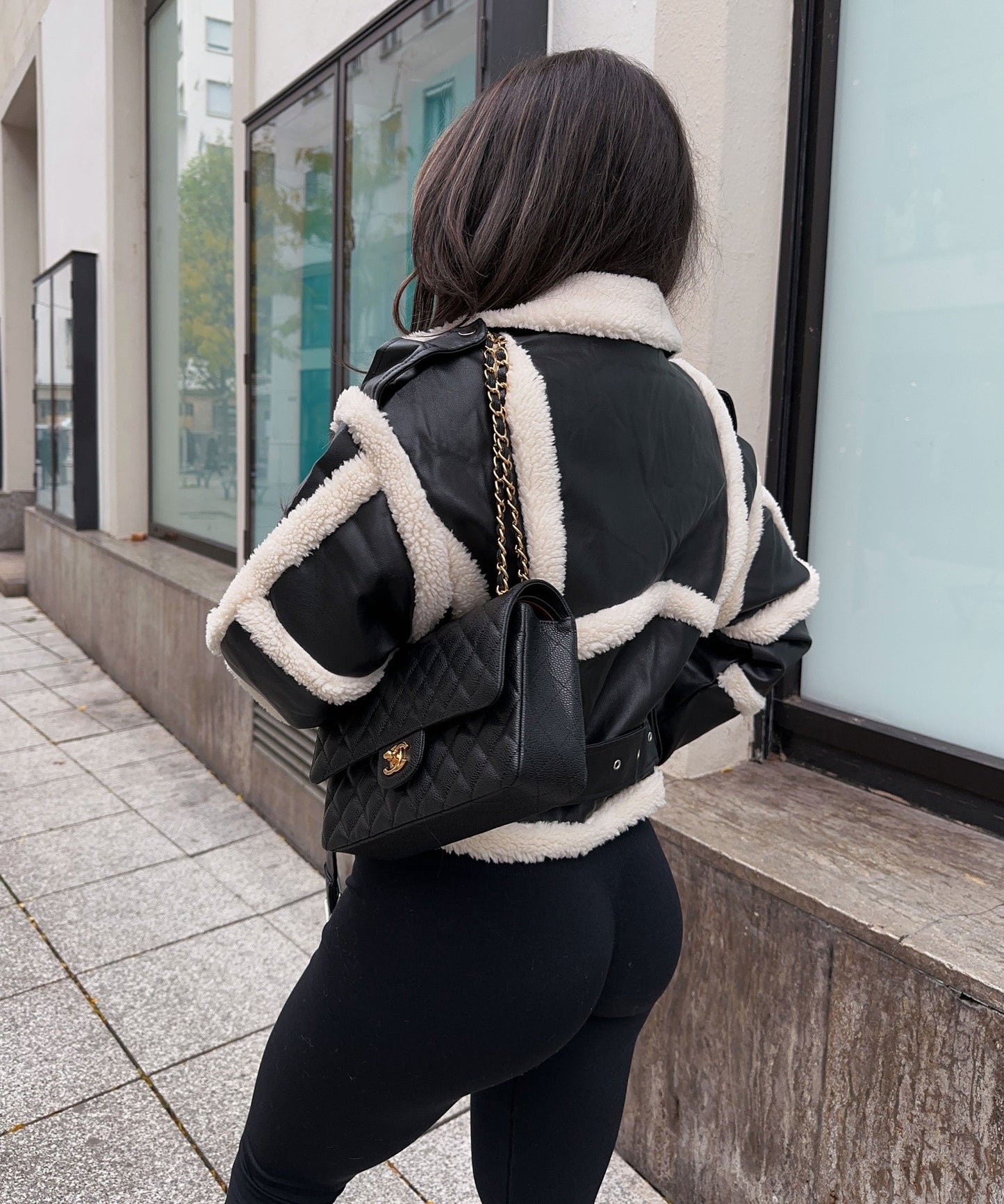 Isabella Biker Jacket | Shearling Trim Collared Jacket