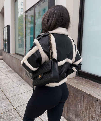 Isabella Biker Jacket | Shearling Trim Collared Jacket