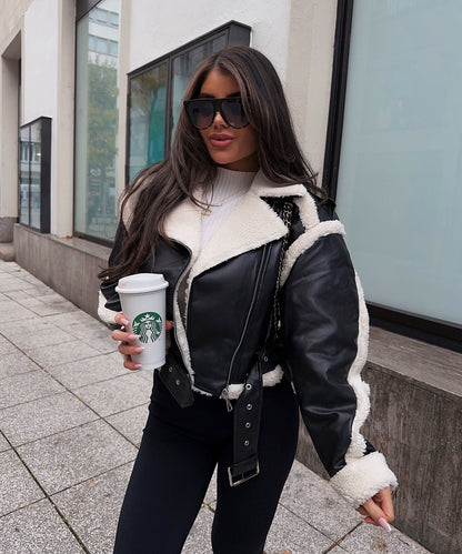 Isabella Biker Jacket | Shearling Trim Collared Jacket