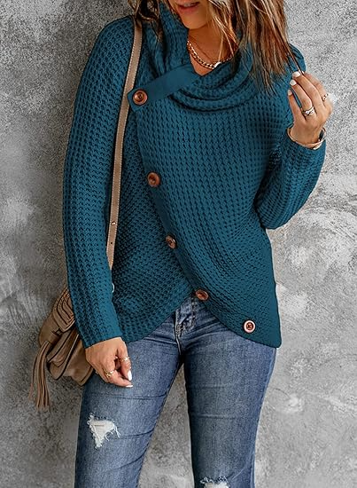 Women’s Sweatshirt – Relaxed Fit – Chunky Knit – Asymmetrical Wrap – Cowl Neck