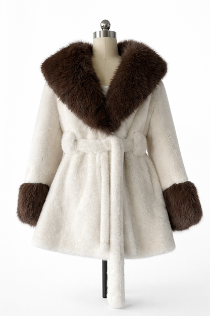 Isabella Faux Fur Trim Belted Coat – Plush Finish – Statement Collar