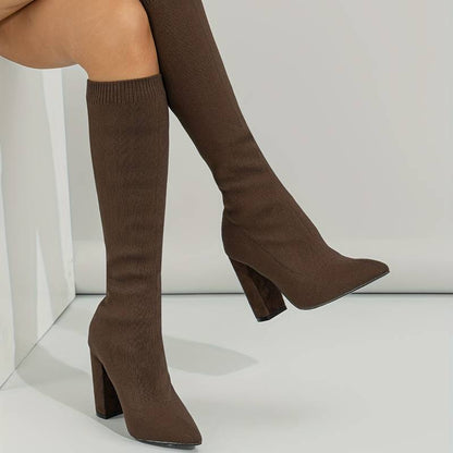 Isla Ribbed Knit Block Heel Sock Boots | Solid Knee-High Sock Boots