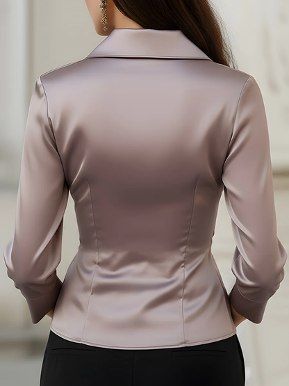 Freya Fitted Wrap Blouse | Buttoned Pleated Three-Quarter Sleeve Blouse