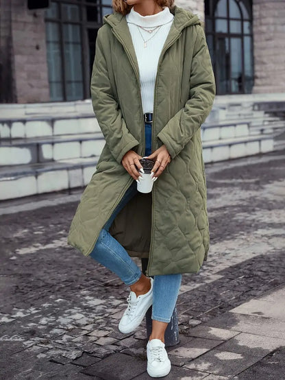 Sienna Hooded Maxi Quilted Coat | Relaxed Fit Long Sleeve Coat