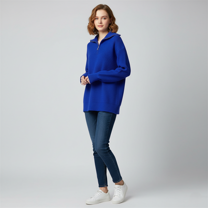 Women’s Sweatshirt – Relaxed Fit – High Zip Collar – Ribbed Knit Trim