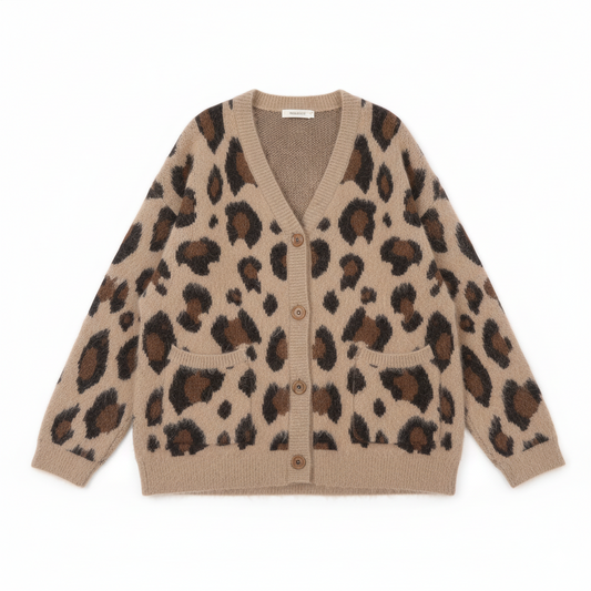 Marlena V-Neck Fuzzy Cardigan | Leopard Print Button-Front Knit