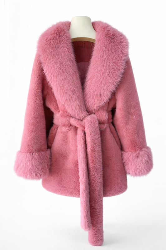 Isabella Faux Fur Trim Belted Coat – Plush Finish – Statement Collar