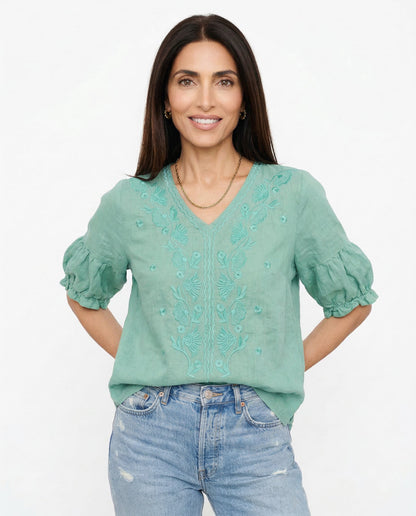 Isla Embroidered Relaxed Fit Blouse | V-Neck Gathered Sleeves Blouse