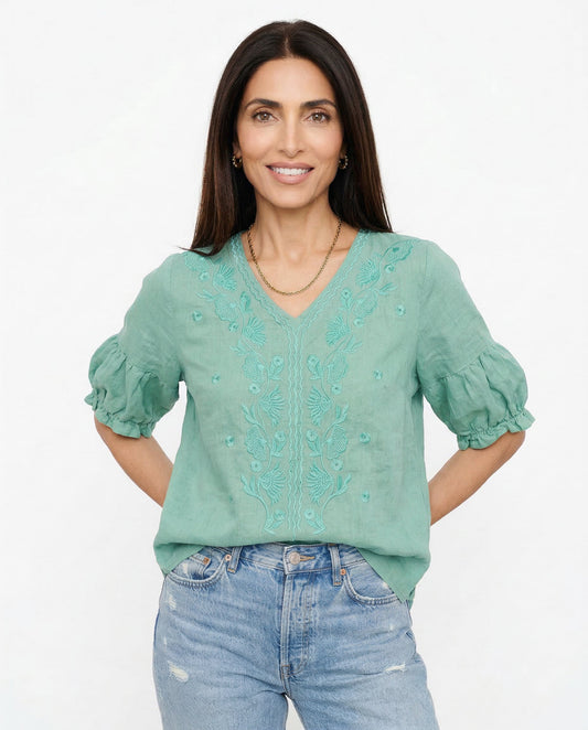 Isla Embroidered Relaxed Fit Blouse | V-Neck Gathered Sleeves Blouse