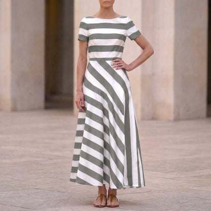 Isla Striped A-Line Maxi Dress | Boat Neck Short Sleeve Dress