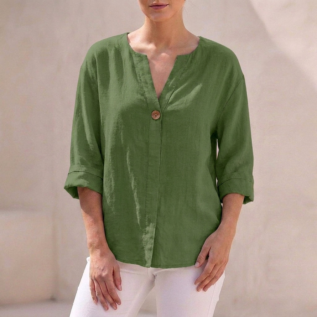 Isla Loose Fit Button-Up Top | V-Neck 3/4 Sleeve Button-Up Top