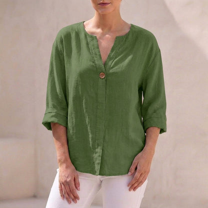 Isla Loose Fit Button-Up Top | V-Neck 3/4 Sleeve Button-Up Top