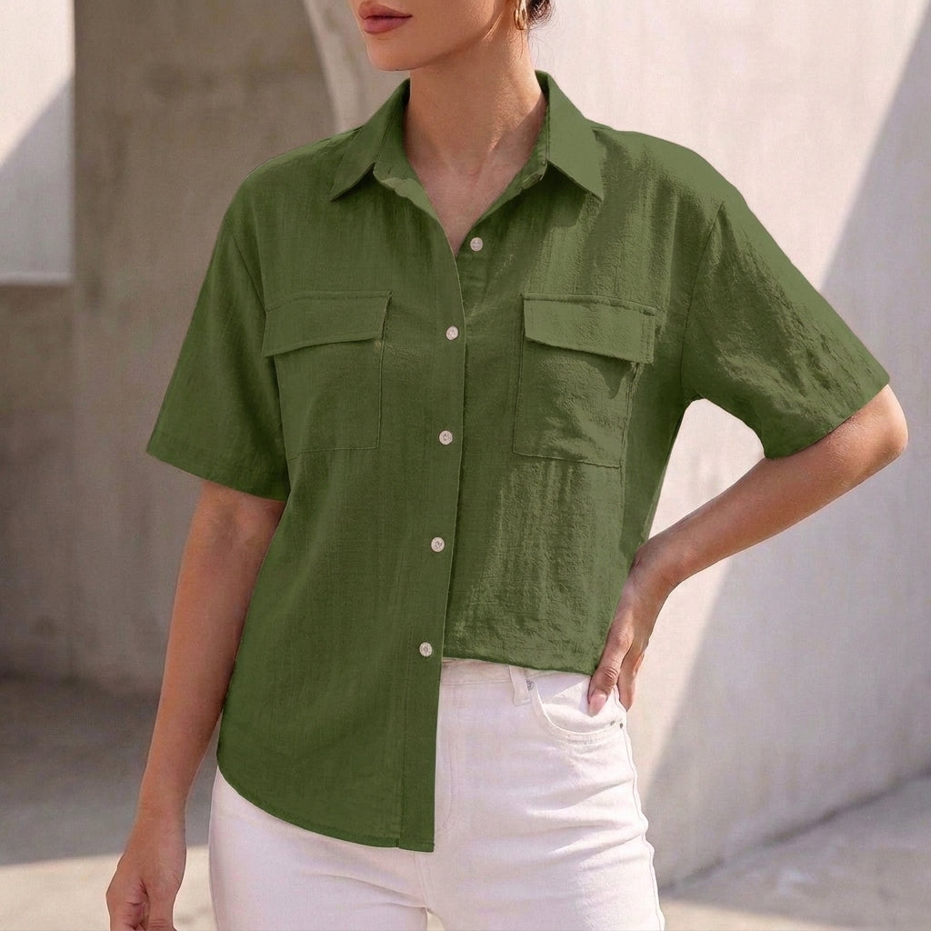 Isla Relaxed Fit Button-Up Shirt | Collared Short Sleeve Shirt