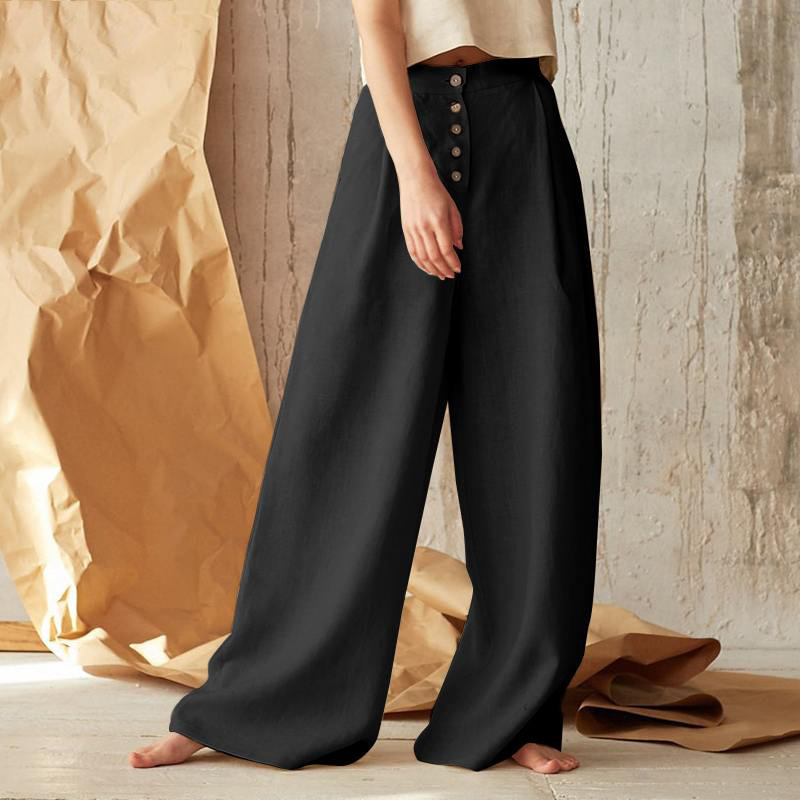 Isla Pleated Wide-Leg Pants | Button Front Pockets Pants