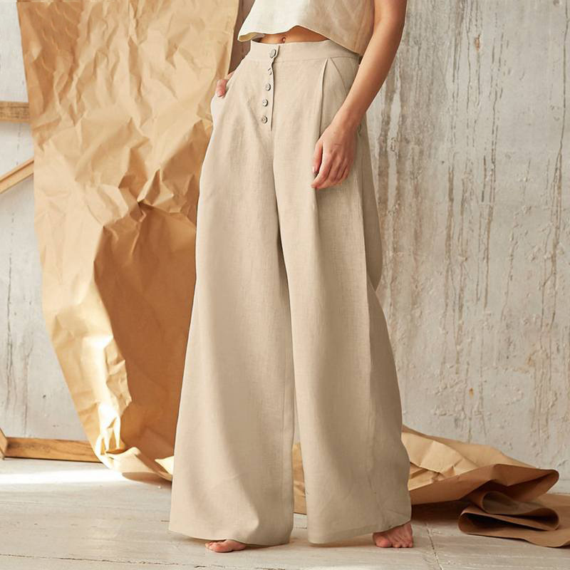 Isla Pleated Wide-Leg Pants | Button Front Pockets Pants