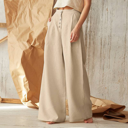 Isla Pleated Wide-Leg Pants | Button Front Pockets Pants
