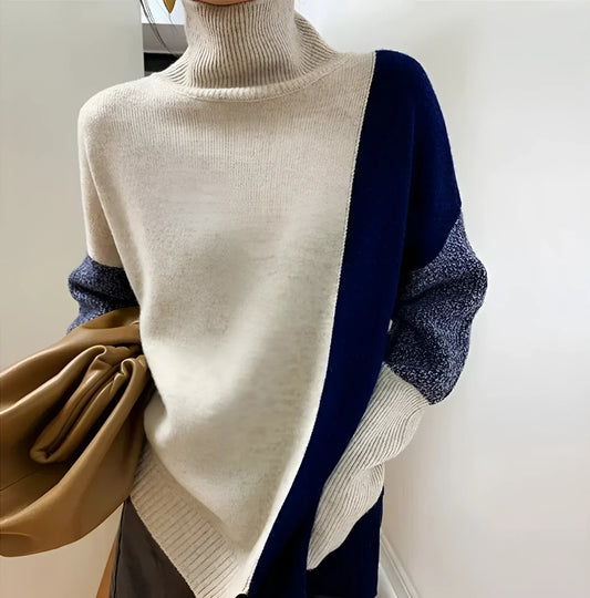 Women’s Turtleneck Sweatshirt – Wool Blend – Relaxed Fit – Asymmetrical Two-Tone Design