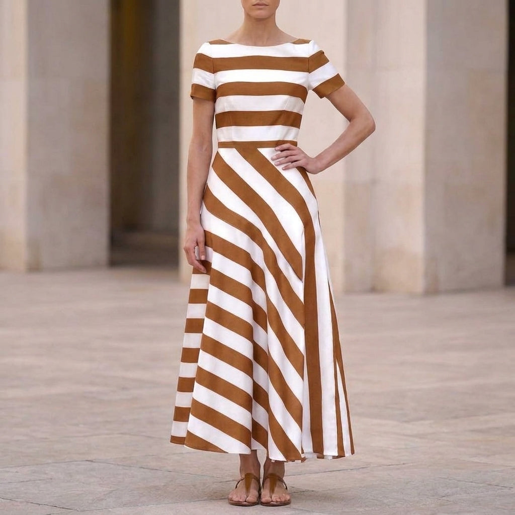 Isla Striped A-Line Maxi Dress | Boat Neck Short Sleeve Dress