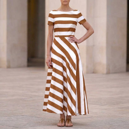 Isla Striped A-Line Maxi Dress | Boat Neck Short Sleeve Dress