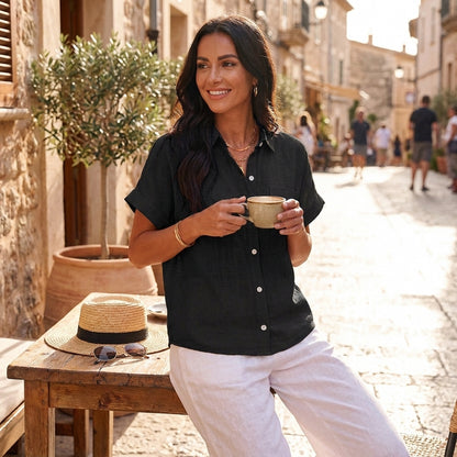 Amelia Relaxed Fit Button-Up Shirt | Collared Short Sleeve Shirt