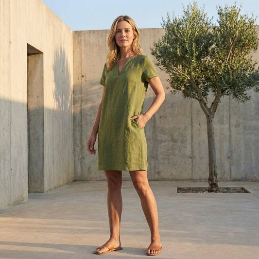 Isla Relaxed Fit Dress | V-Neck Split Neck Knee-Length Dress