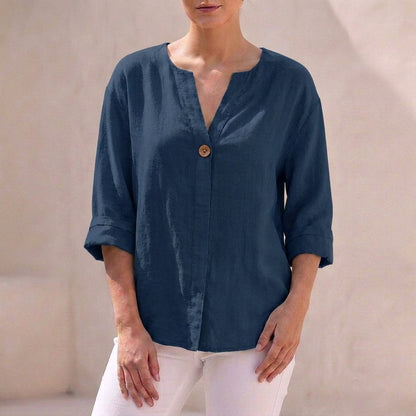 Isla Loose Fit Button-Up Top | V-Neck 3/4 Sleeve Button-Up Top
