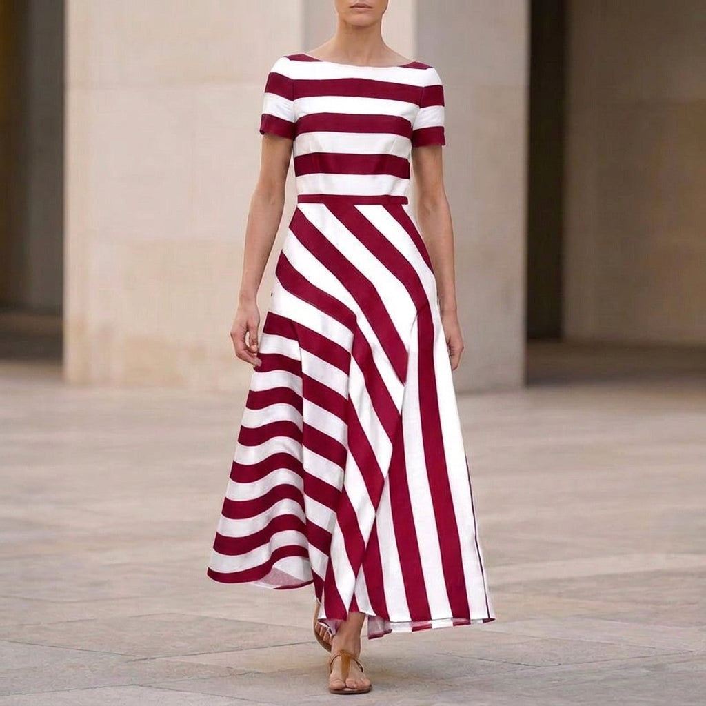 Isla Striped A-Line Maxi Dress | Boat Neck Short Sleeve Dress