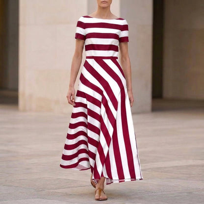 Isla Striped A-Line Maxi Dress | Boat Neck Short Sleeve Dress