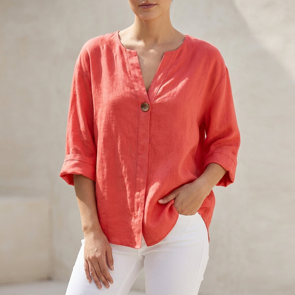 Isla Loose Fit Button-Up Top | V-Neck 3/4 Sleeve Button-Up Top