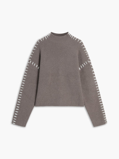 Isla Oversized Mock Neck Sweater | Ribbed Knit Contrast Stitching Sweater