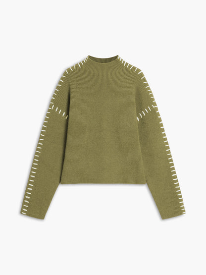 Isla Oversized Mock Neck Sweater | Ribbed Knit Contrast Stitching Sweater