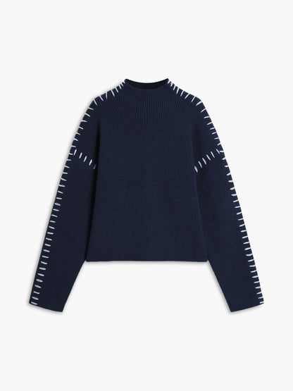 Isla Oversized Mock Neck Sweater | Ribbed Knit Contrast Stitching Sweater