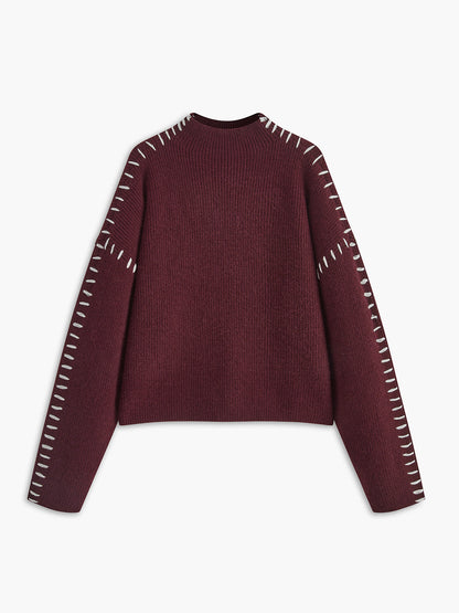 Isla Oversized Mock Neck Sweater | Ribbed Knit Contrast Stitching Sweater