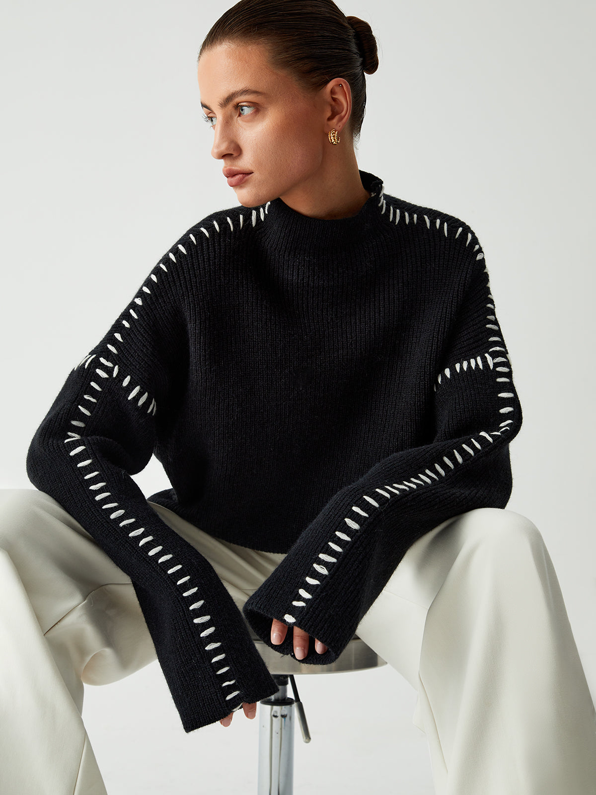 Isla Oversized Mock Neck Sweater | Ribbed Knit Contrast Stitching Sweater