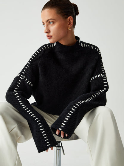 Isla Oversized Mock Neck Sweater | Ribbed Knit Contrast Stitching Sweater
