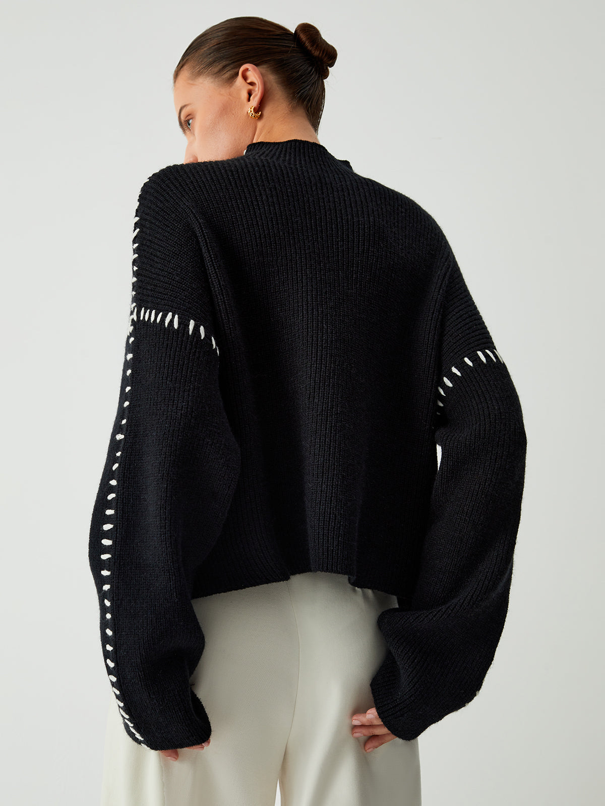 Isla Oversized Mock Neck Sweater | Ribbed Knit Contrast Stitching Sweater