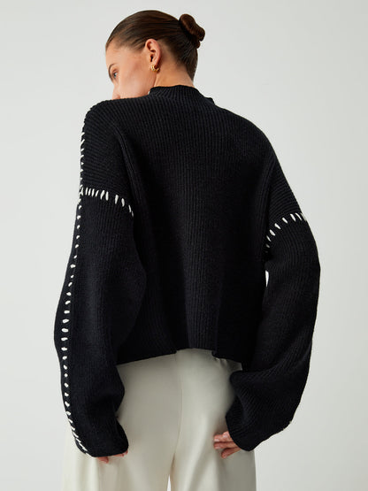 Isla Oversized Mock Neck Sweater | Ribbed Knit Contrast Stitching Sweater