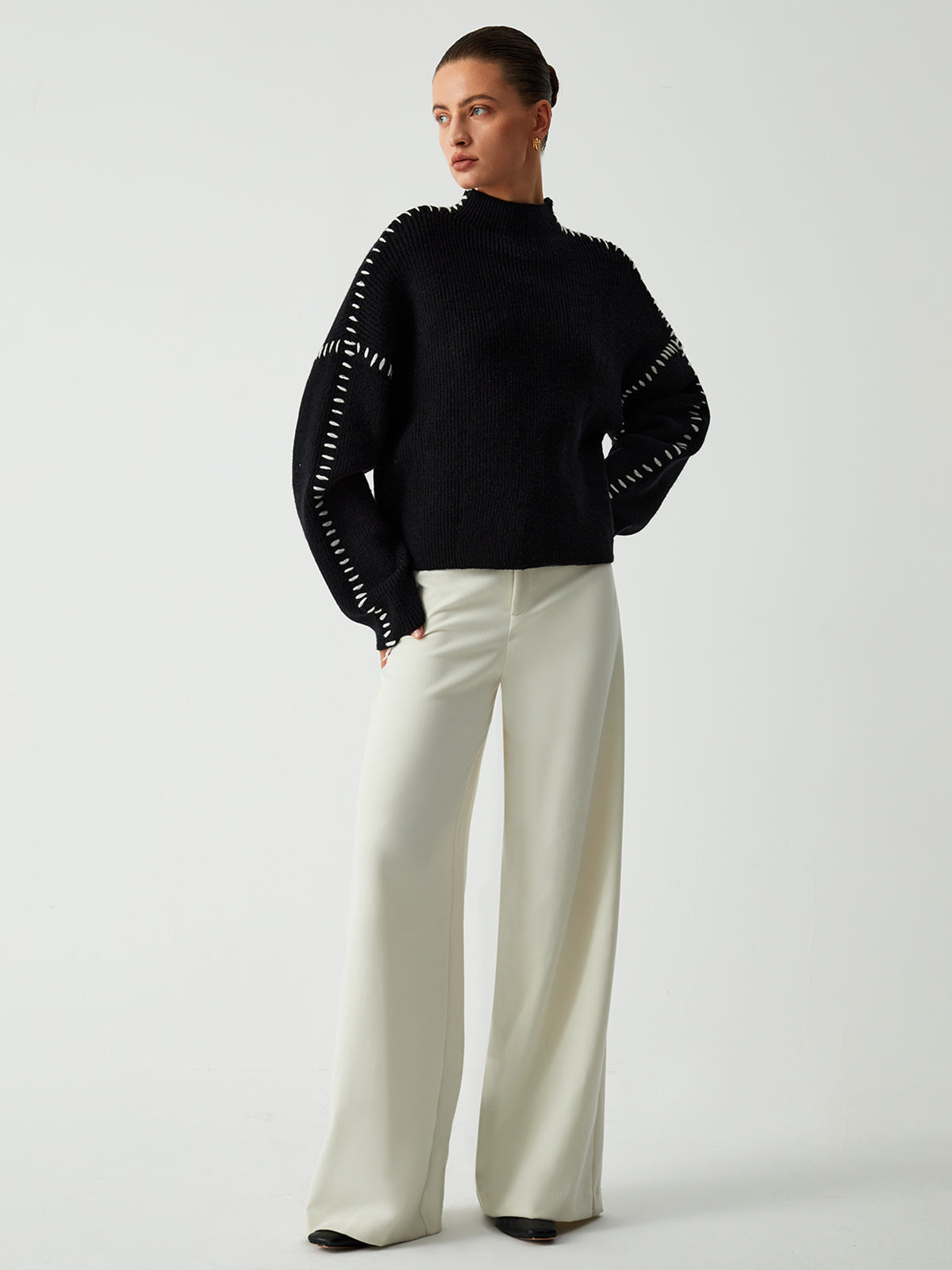 Isla Oversized Mock Neck Sweater | Ribbed Knit Contrast Stitching Sweater