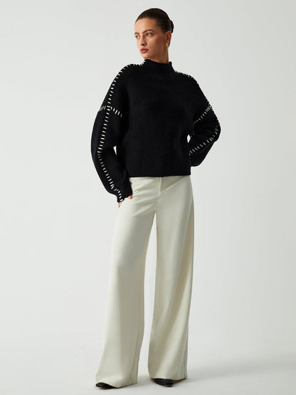 Isla Oversized Mock Neck Sweater | Ribbed Knit Contrast Stitching Sweater