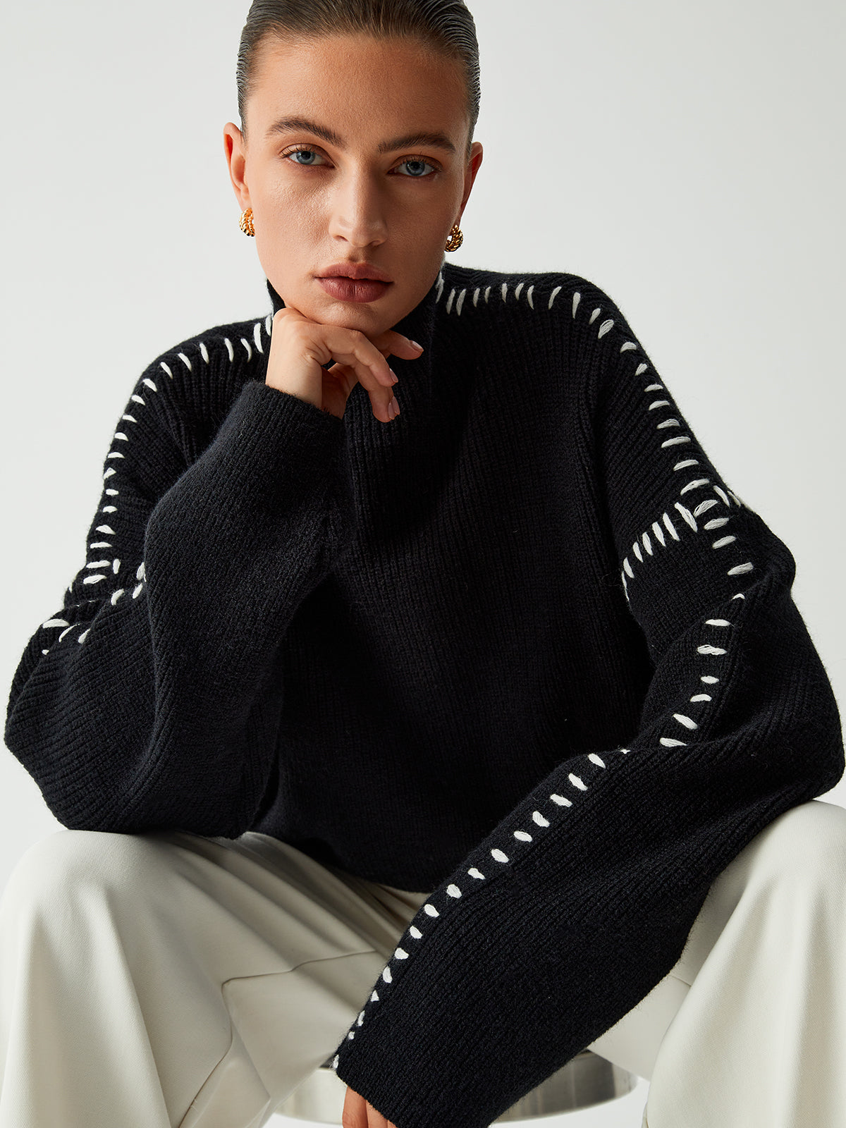 Isla Oversized Mock Neck Sweater | Ribbed Knit Contrast Stitching Sweater