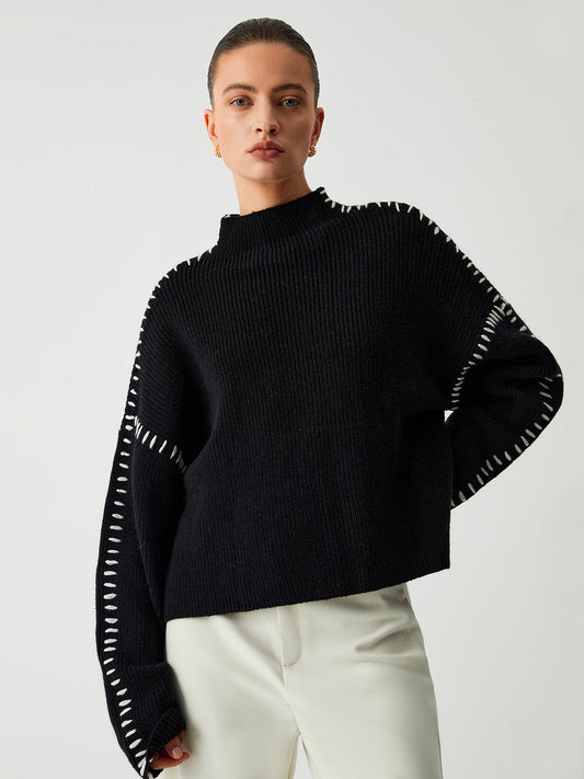 Isla Oversized Mock Neck Sweater | Ribbed Knit Contrast Stitching Sweater