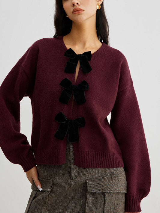 Freya Cropped Lantern Sleeve Sweater | Velvet Bow Detail Ribbed Sweater