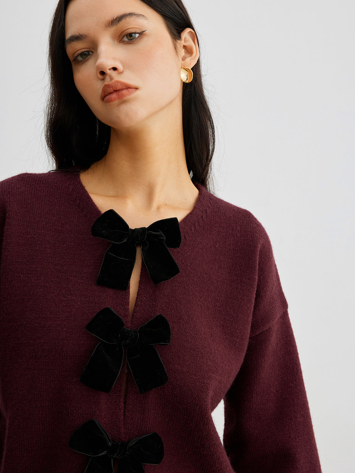 Freya Cropped Lantern Sleeve Sweater | Velvet Bow Detail Ribbed Sweater