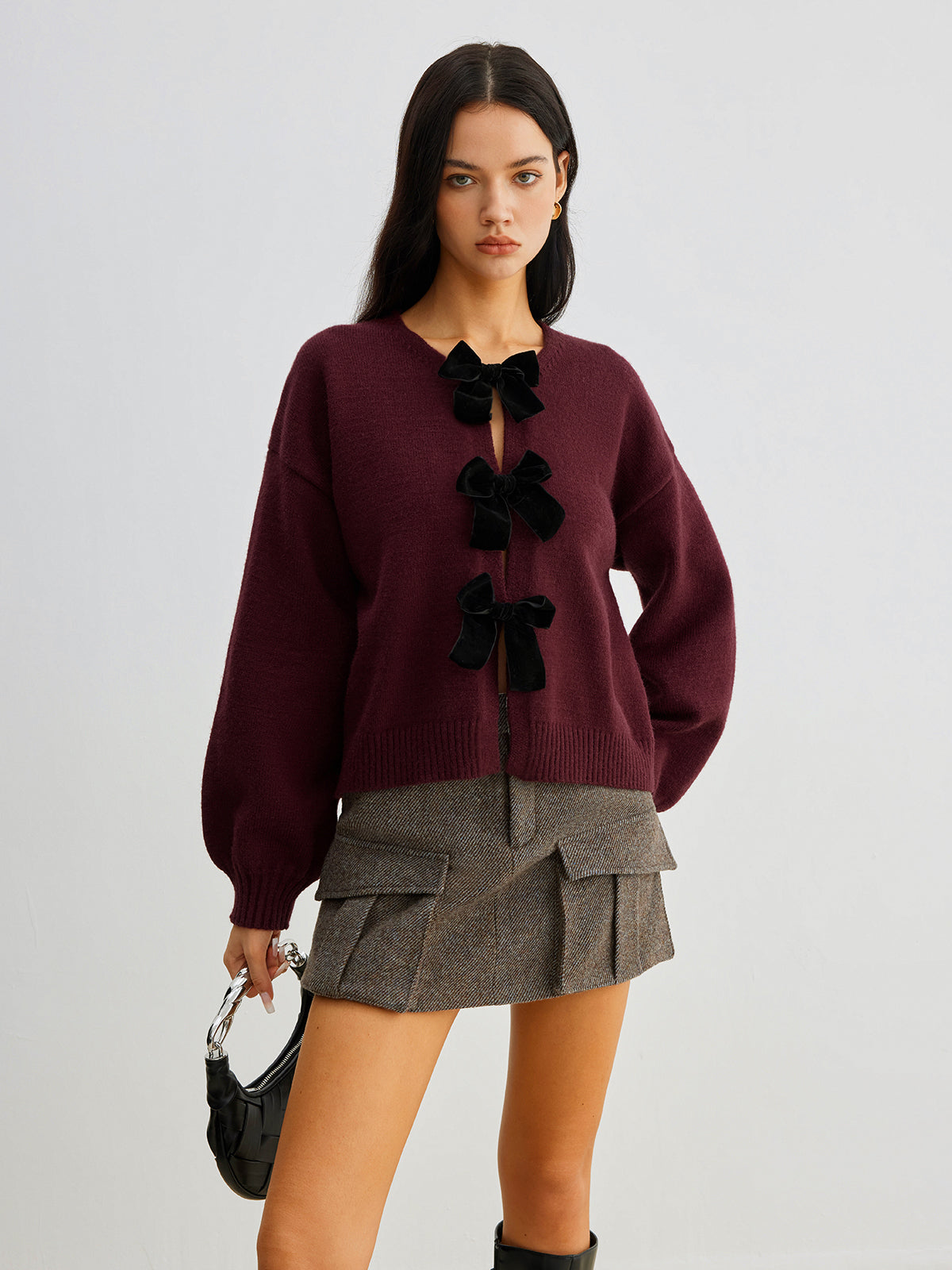 Freya Cropped Lantern Sleeve Sweater | Velvet Bow Detail Ribbed Sweater