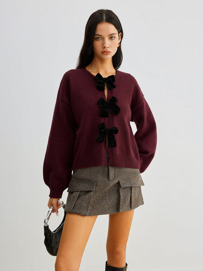 Freya Cropped Lantern Sleeve Sweater | Velvet Bow Detail Ribbed Sweater