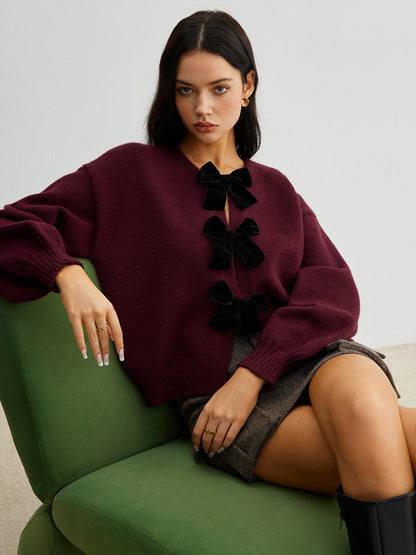 Freya Cropped Lantern Sleeve Sweater | Velvet Bow Detail Ribbed Sweater