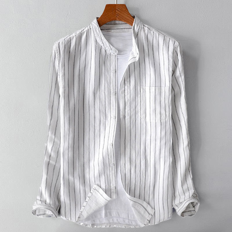 Leo Relaxed Fit Band Collar Shirt | Striped Hip-Length Shirt