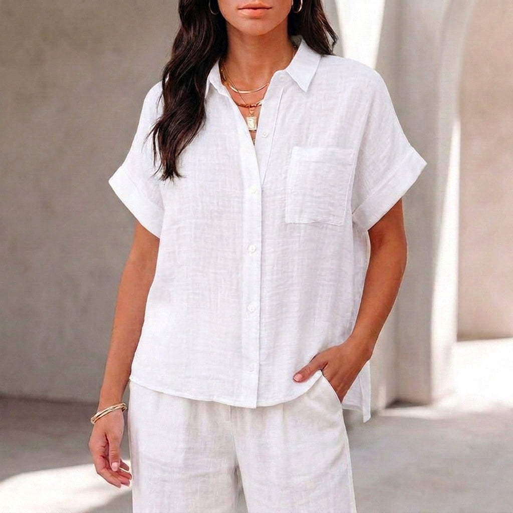 Amelia Relaxed Fit Button-Up Shirt | Collared Short Sleeve Shirt