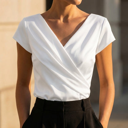 Isabella Draped Wrap Top | Wrap V-Neck Short Sleeve Top