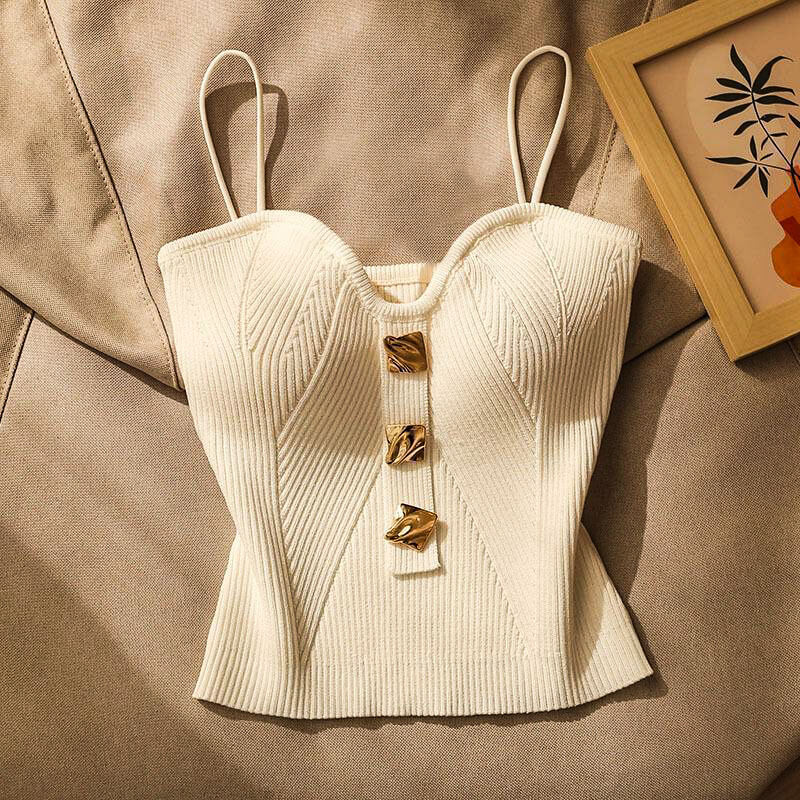 Isla Slim Fit Ribbed Cami Top | Button Front Spaghetti Straps Cami Top